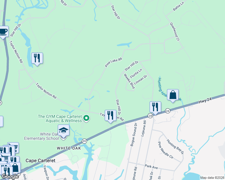 map of restaurants, bars, coffee shops, grocery stores, and more near 428 Star Hill Drive in Swansboro
