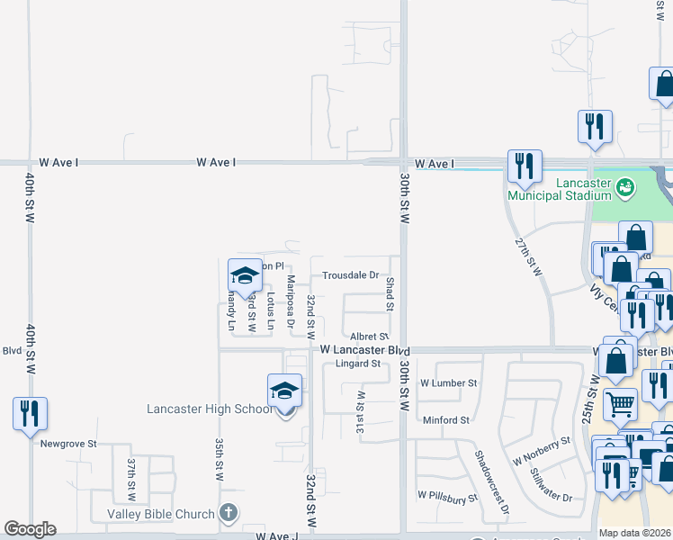 map of restaurants, bars, coffee shops, grocery stores, and more near 3129 Trousdale Drive in Lancaster
