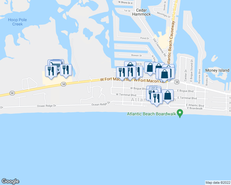 map of restaurants, bars, coffee shops, grocery stores, and more near 514 West Terminal Boulevard in Atlantic Beach