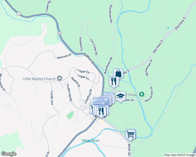 map of restaurants, bars, coffee shops, grocery stores, and more near 84 Logan Street in Ellijay