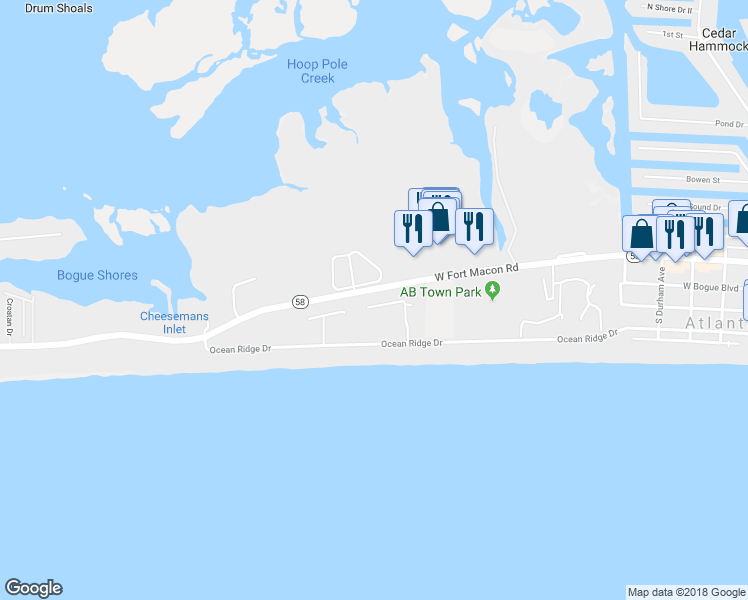 map of restaurants, bars, coffee shops, grocery stores, and more near 114 Swindell Lane in Atlantic Beach