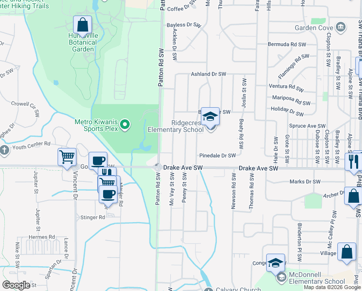 map of restaurants, bars, coffee shops, grocery stores, and more near 3706 Penny Street Southwest in Huntsville