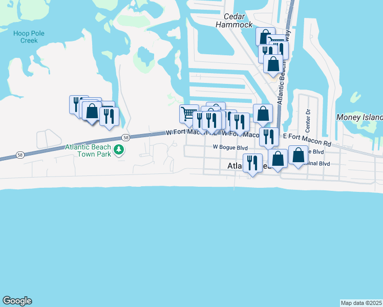 map of restaurants, bars, coffee shops, grocery stores, and more near 514 West Terminal Boulevard in Atlantic Beach