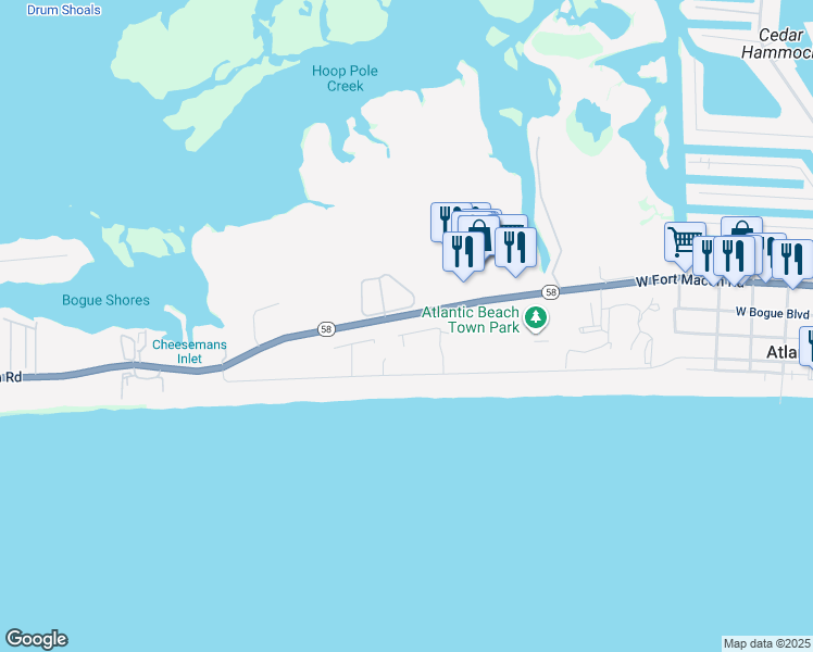 map of restaurants, bars, coffee shops, grocery stores, and more near 114 Swindell Lane in Atlantic Beach