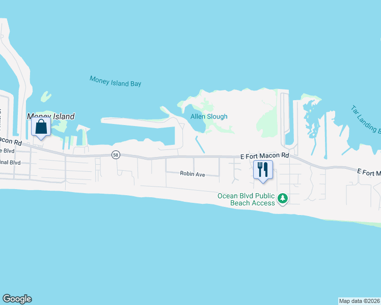 map of restaurants, bars, coffee shops, grocery stores, and more near 1100-1130 State Highway 58 in Atlantic Beach