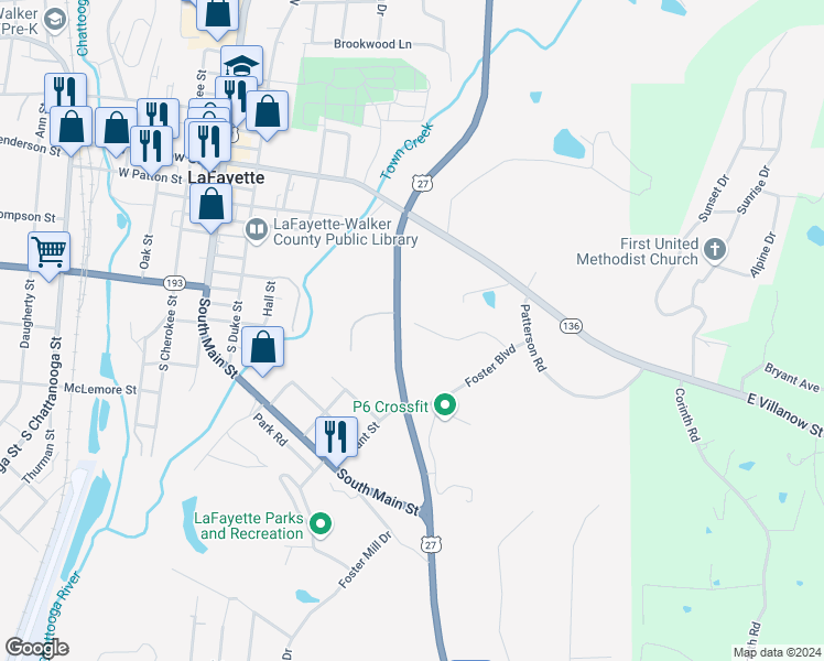 map of restaurants, bars, coffee shops, grocery stores, and more near 141 Foster Circle in LaFayette