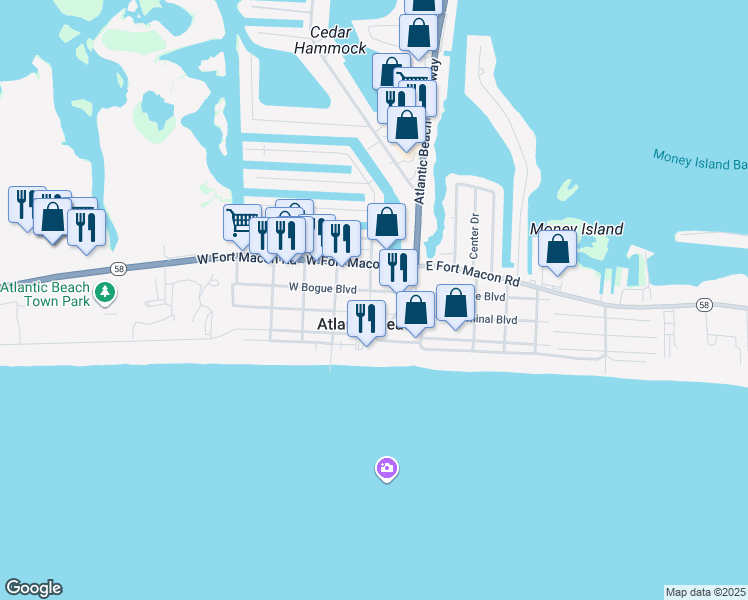 map of restaurants, bars, coffee shops, grocery stores, and more near in Atlantic Beach