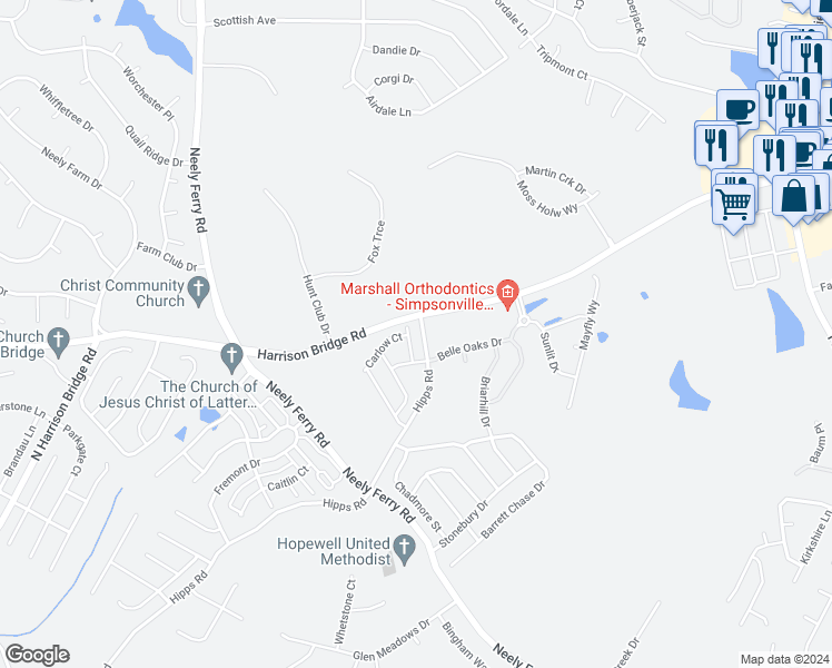 map of restaurants, bars, coffee shops, grocery stores, and more near 106 McGuires Place in Simpsonville