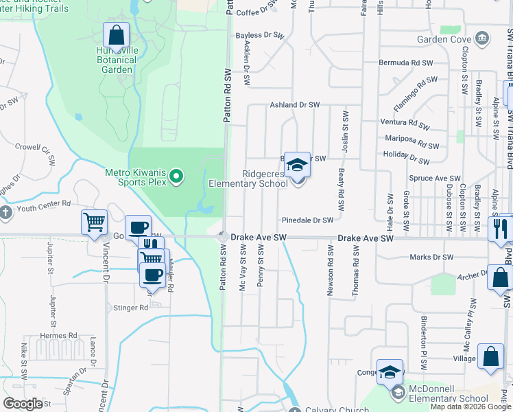 map of restaurants, bars, coffee shops, grocery stores, and more near 3706 Penny Street Southwest in Huntsville