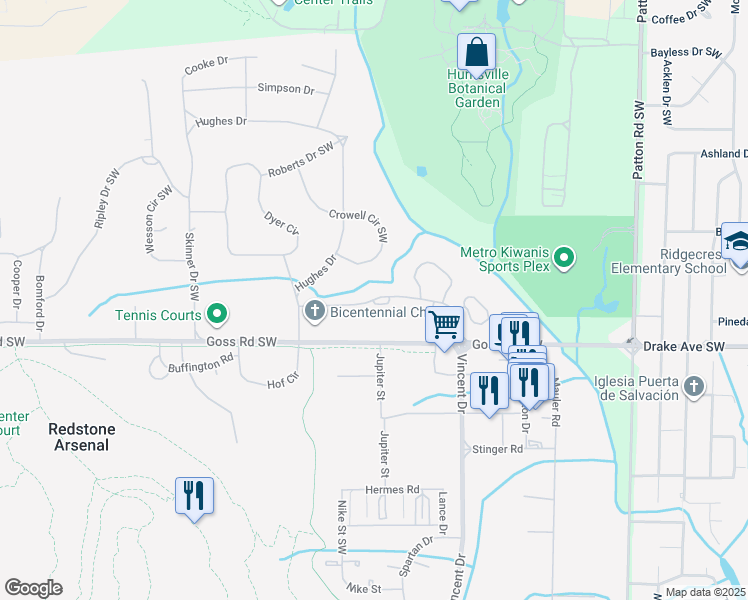 map of restaurants, bars, coffee shops, grocery stores, and more near Youth Center Road in Huntsville