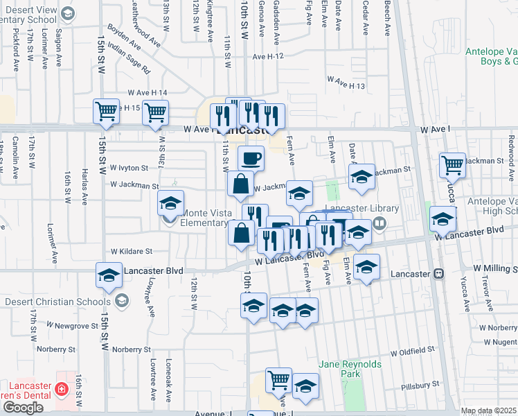 map of restaurants, bars, coffee shops, grocery stores, and more near 44948 10th Street West in Lancaster
