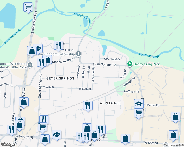 map of restaurants, bars, coffee shops, grocery stores, and more near 82 Lancaster Road in Little Rock