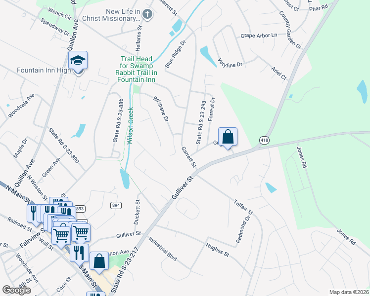 map of restaurants, bars, coffee shops, grocery stores, and more near 113 Queensland Court in Fountain Inn