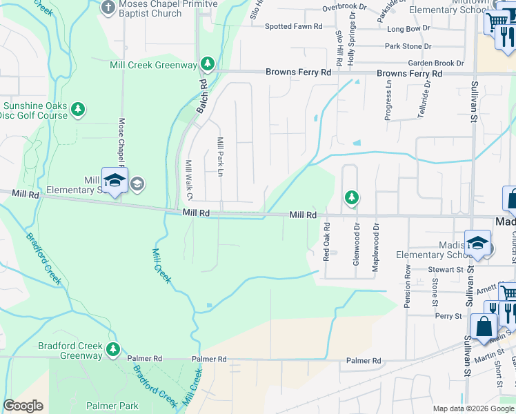 map of restaurants, bars, coffee shops, grocery stores, and more near 108 Mill Walk Court in Madison