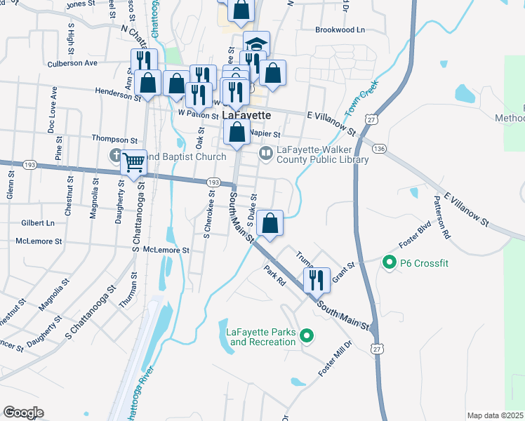 map of restaurants, bars, coffee shops, grocery stores, and more near 503 South Duke Street in LaFayette
