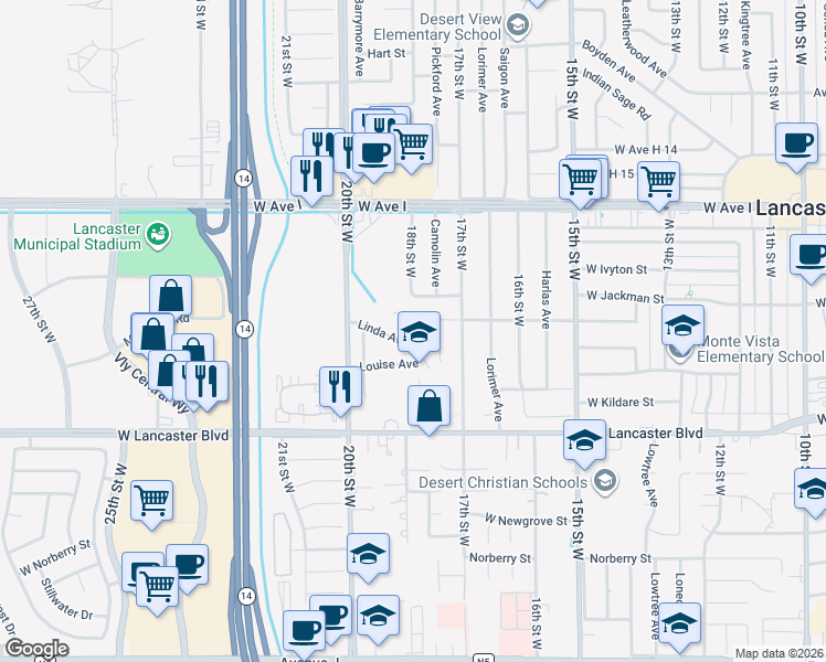 map of restaurants, bars, coffee shops, grocery stores, and more near 44901 18th Street West in Lancaster