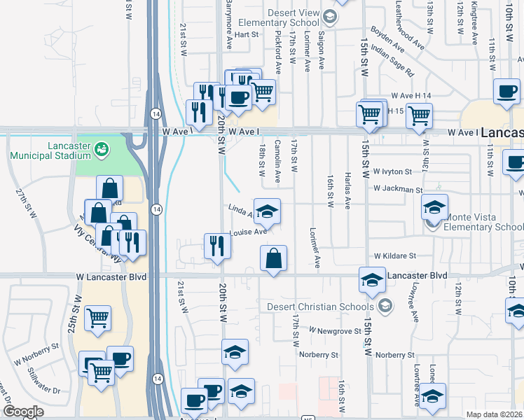 map of restaurants, bars, coffee shops, grocery stores, and more near 44901 18th Street West in Lancaster