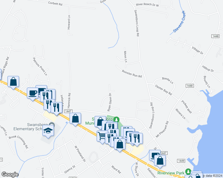 map of restaurants, bars, coffee shops, grocery stores, and more near 114 Ryan Glenn Drive in Swansboro