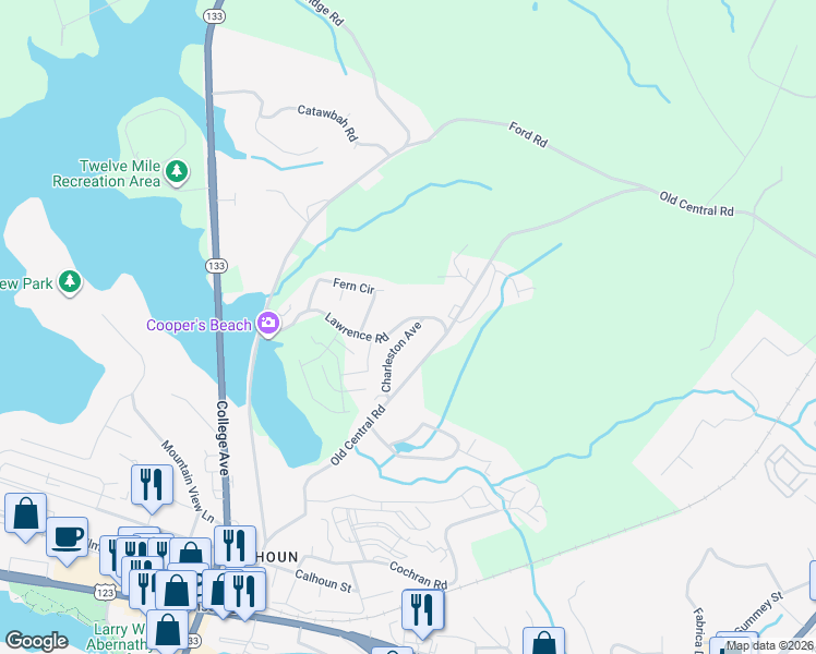 map of restaurants, bars, coffee shops, grocery stores, and more near 224 Charleston Avenue in Clemson