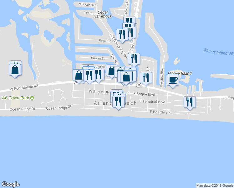 map of restaurants, bars, coffee shops, grocery stores, and more near 117A West Bogue Boulevard in Atlantic Beach