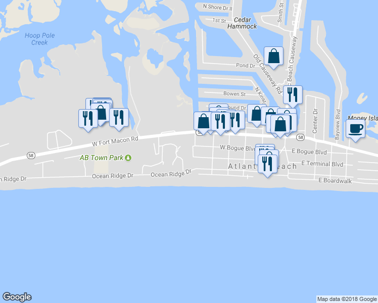 map of restaurants, bars, coffee shops, grocery stores, and more near 204 Cedar Lane in Atlantic Beach