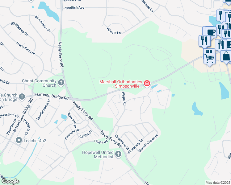 map of restaurants, bars, coffee shops, grocery stores, and more near 106 McGuires Place in Simpsonville