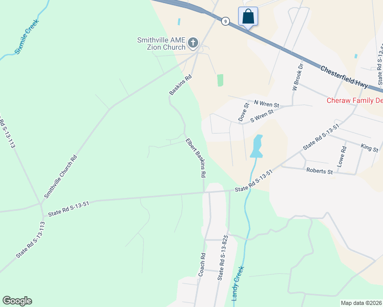 map of restaurants, bars, coffee shops, grocery stores, and more near 215 Elbert Baskins Road in Cheraw