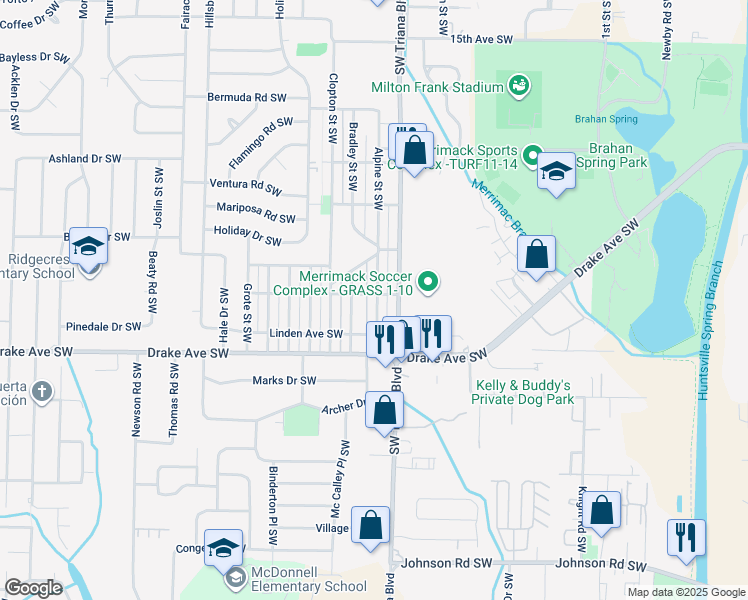 map of restaurants, bars, coffee shops, grocery stores, and more near 3611 Alpine Street Southwest in Huntsville