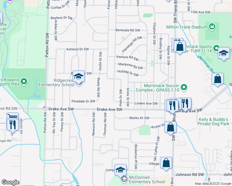 map of restaurants, bars, coffee shops, grocery stores, and more near 3121 Hillsboro Road Southwest in Huntsville