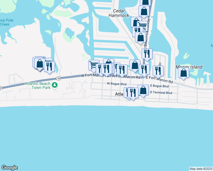 map of restaurants, bars, coffee shops, grocery stores, and more near 300-398 South Durham Avenue in Atlantic Beach