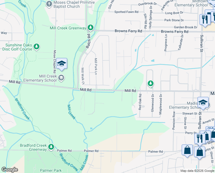 map of restaurants, bars, coffee shops, grocery stores, and more near 108 Mill Walk Court in Madison