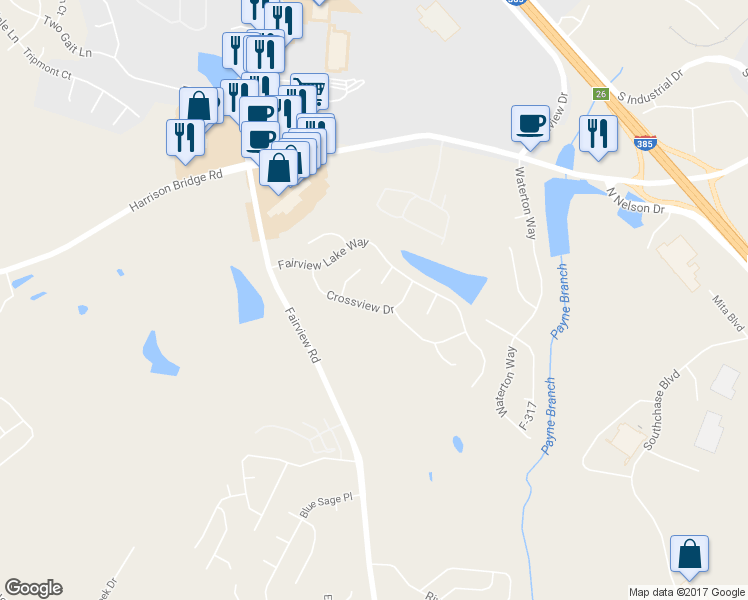 map of restaurants, bars, coffee shops, grocery stores, and more near 109 Crossview Drive in Simpsonville
