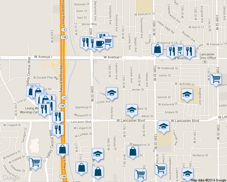 map of restaurants, bars, coffee shops, grocery stores, and more near 44916 18th Street West in Lancaster