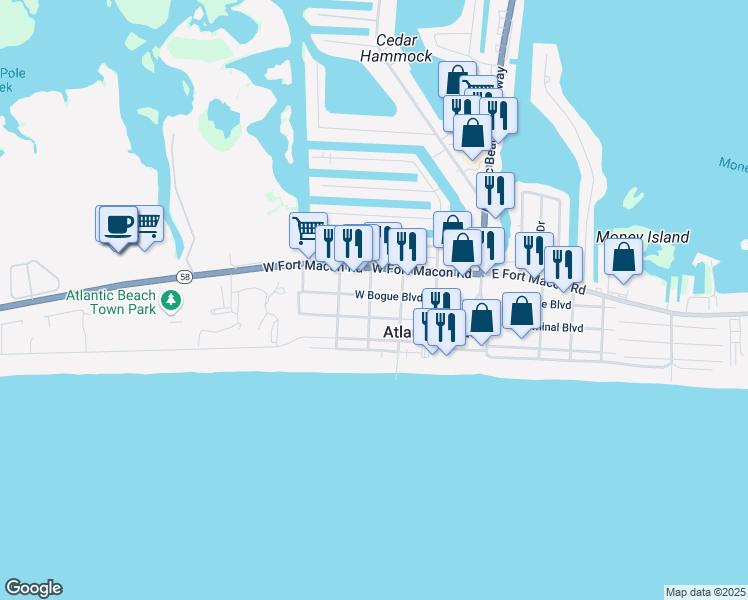map of restaurants, bars, coffee shops, grocery stores, and more near 317 West Bogue Boulevard in Atlantic Beach