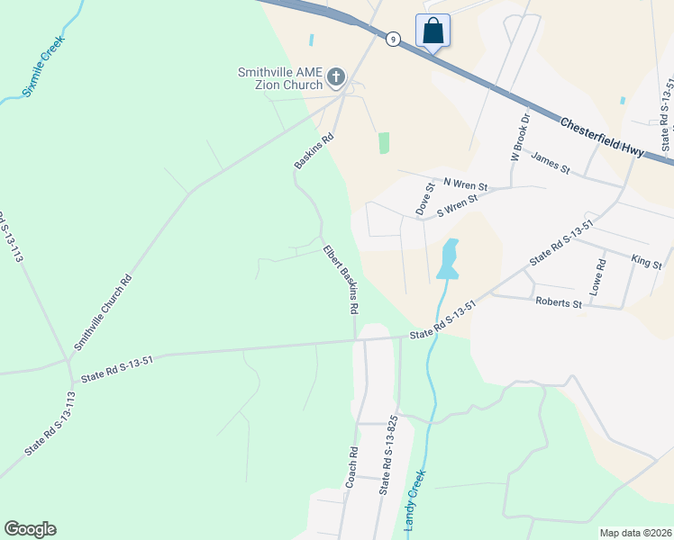 map of restaurants, bars, coffee shops, grocery stores, and more near 215 Elbert Baskins Road in Cheraw