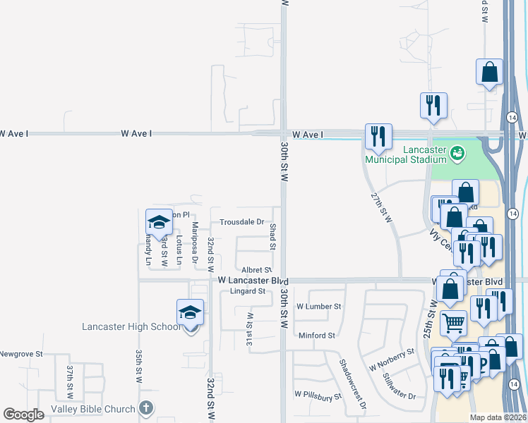 map of restaurants, bars, coffee shops, grocery stores, and more near 3034 West Jackman Street in Lancaster