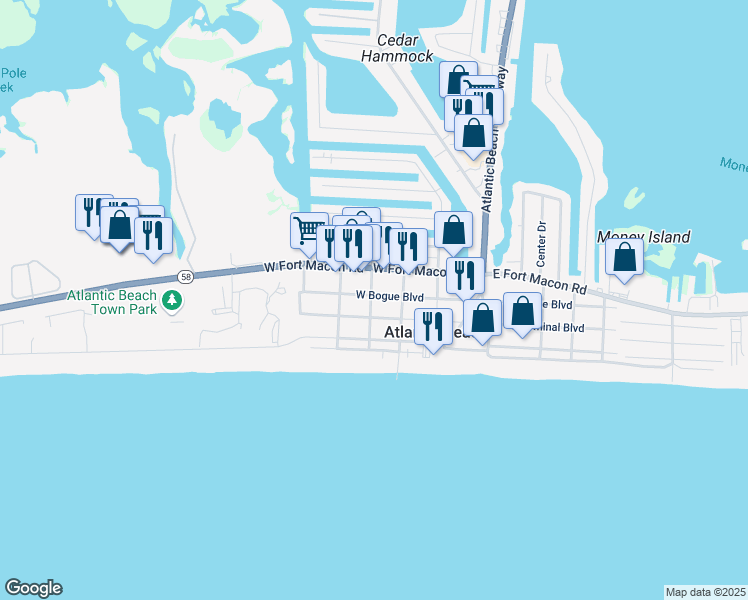 map of restaurants, bars, coffee shops, grocery stores, and more near 317 West Bogue Boulevard in Atlantic Beach