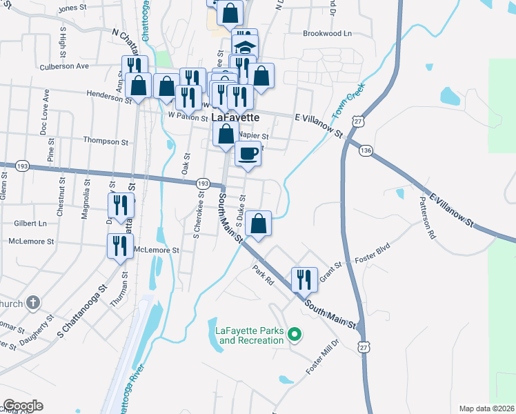 map of restaurants, bars, coffee shops, grocery stores, and more near 503 South Duke Street in LaFayette