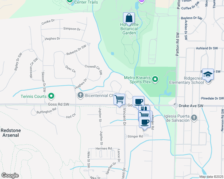map of restaurants, bars, coffee shops, grocery stores, and more near Youth Center Rd in Huntsville