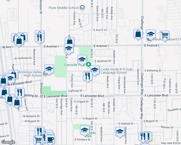 map of restaurants, bars, coffee shops, grocery stores, and more near 44961 5th Street East in Lancaster