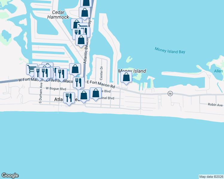 map of restaurants, bars, coffee shops, grocery stores, and more near 205 South Greenville Avenue in Atlantic Beach