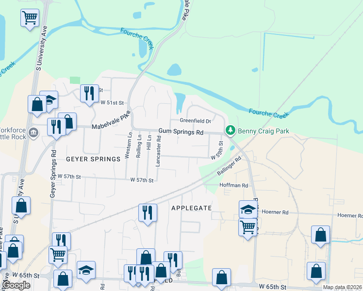 map of restaurants, bars, coffee shops, grocery stores, and more near 4904 West 55th Street in Little Rock