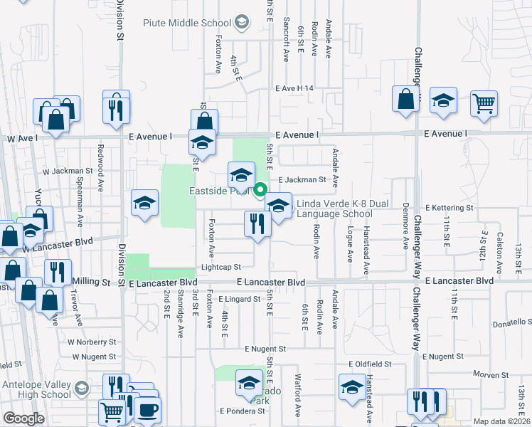 map of restaurants, bars, coffee shops, grocery stores, and more near 44929 5th Street East in Lancaster