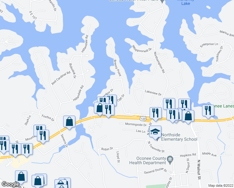 map of restaurants, bars, coffee shops, grocery stores, and more near 80 Round Spinney Drive in Seneca