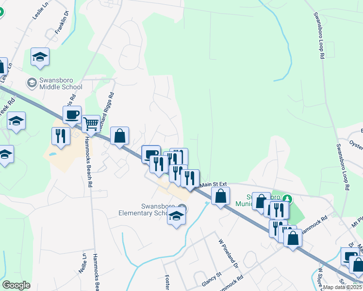 map of restaurants, bars, coffee shops, grocery stores, and more near 402 Patriot's Point Lane in Swansboro