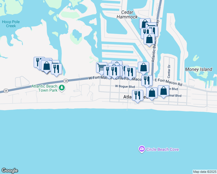 map of restaurants, bars, coffee shops, grocery stores, and more near 503 West Bogue Boulevard in Atlantic Beach