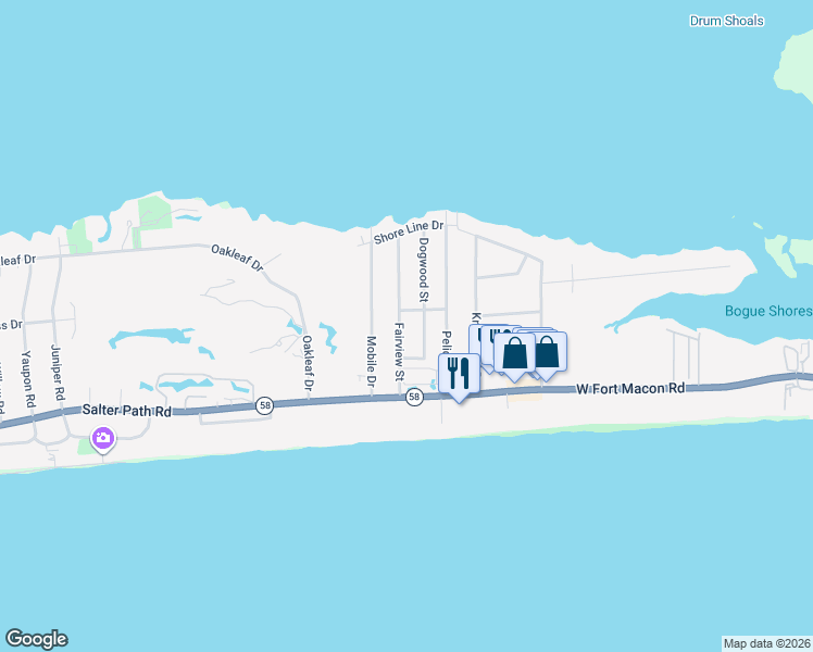 map of restaurants, bars, coffee shops, grocery stores, and more near 201 Fairview Street in Atlantic Beach