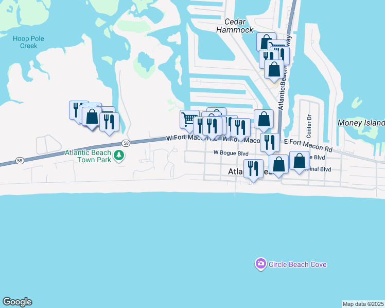 map of restaurants, bars, coffee shops, grocery stores, and more near 513 West Bogue Boulevard in Atlantic Beach