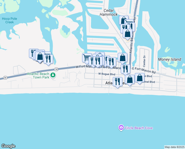 map of restaurants, bars, coffee shops, grocery stores, and more near 503 West Bogue Boulevard in Atlantic Beach