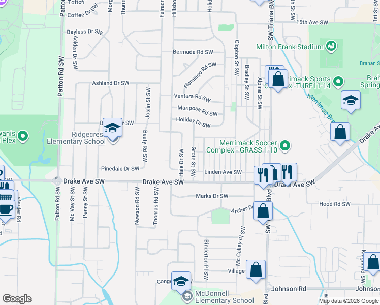 map of restaurants, bars, coffee shops, grocery stores, and more near 3502 Grote Street Southwest in Huntsville